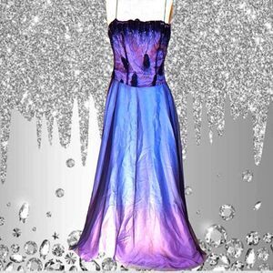 1001 Nights Purple gradient black lace  embroidered feathers bling gown